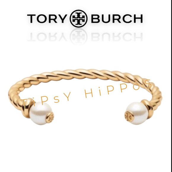 Tory Burch Pearl-Tipped Twisted Gold Cuff Bracelet - Picture 2 of 6